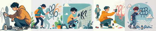 vector set of teenagers making graffiti on the wall