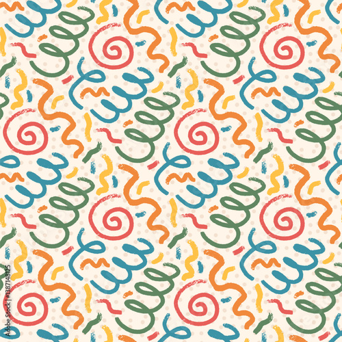 Birthday party seamless pattern template. Spirals lines geometric party background. Fun confetti repeat covering. Surface pattern design holiday motif. Vector illustration.