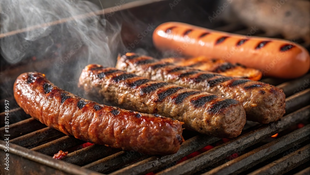 Close up of delicious beef cevapi grilling with smoky aroma and charred grill marks creating a mouthwatering barbecue experience Close up of delicious beef cevapi grilling with smoky aroma and charred grill marks creating a mouthwatering barbecue experience