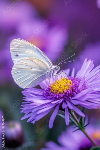 White Butterfly on Purple Aster Flower Photograph: Delicate Insect Pollinating Bloom with Yellow Center, Soft Blurred Purple Background, Nature, Spring