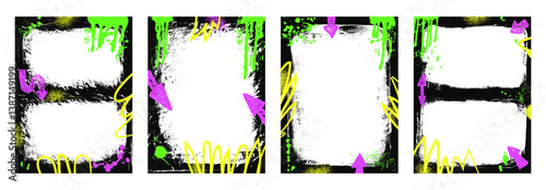 Grunge black frame template with arrow and aerosol paint. Graffiti spray art layout backgrounds set. Borders with airbrush lines. Ink decor for photo. Retro texture posters. Vector hip hop wall cadre.