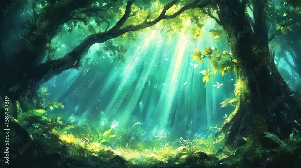 Obraz premium Lush, vibrant forest scene bathed in sunlight. Sunlight streams through the canopy, illuminating a dense undergrowth. Tranquil and mystical atmosphere