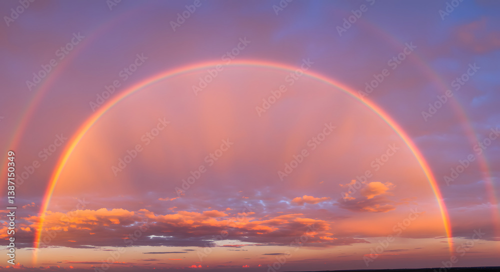 Stunning Double Rainbow Displayed Across Dramatic Sky at Sunset with Clouds Stunning Double Rainbow Displayed Across Dramatic Sky at Sunset with Clouds