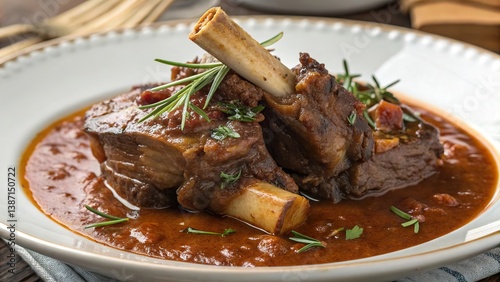 Indulgent braised lamb neck simmered in a rich sauce garnished with fresh herbs served in an elegant setting