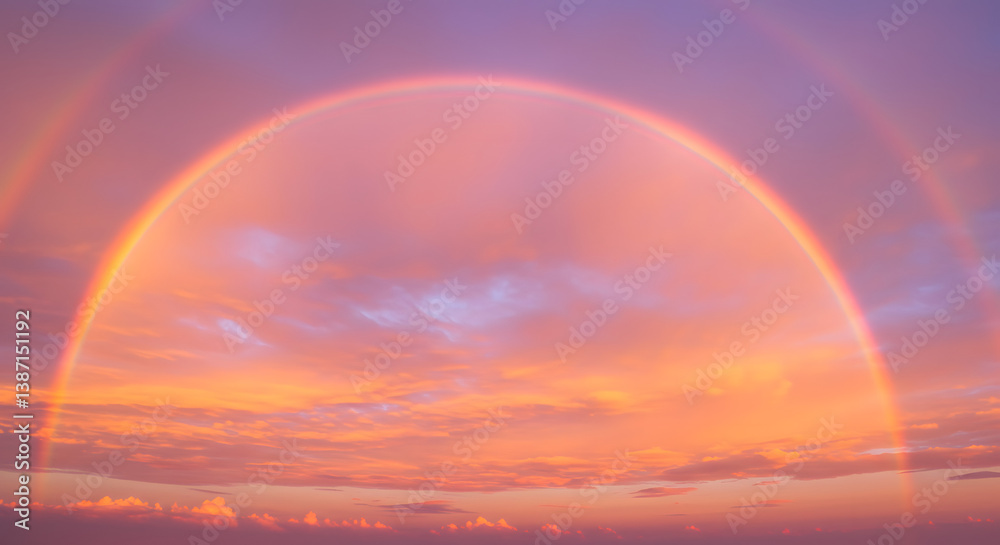 Vibrant Double Rainbow Arcing Across a Colorful Sunset Sky Vibrant Double Rainbow Arcing Across a Colorful Sunset Sky