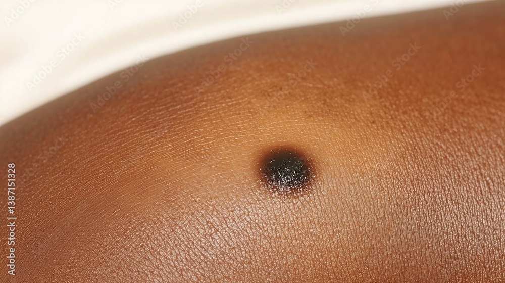 Fototapeta premium A black mole on the brown skin. A dark-skinned person with nevus. Birthmark. Danger of tan. Dark brown skin. Melanoma, cancer