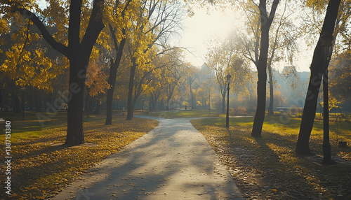 Picturesque view of the park with beautiful trees and path on a sunny day. Autumn season