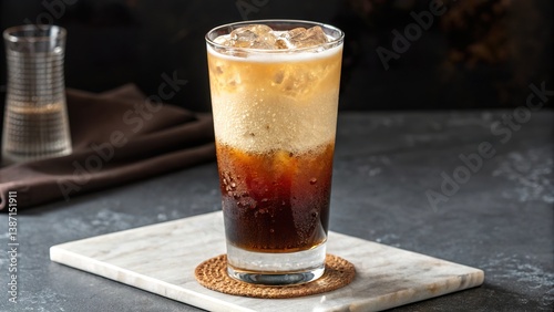 Refreshing espresso tonic served in a tall glass showing beautiful layers of coffee and tonic bubbles