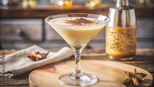 Brandy Alexander cocktail served in a classic glass on wooden countertop with decorative elements