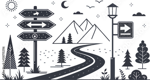 A scenic winding road with directional signs and mountains in a minimalistic style.
