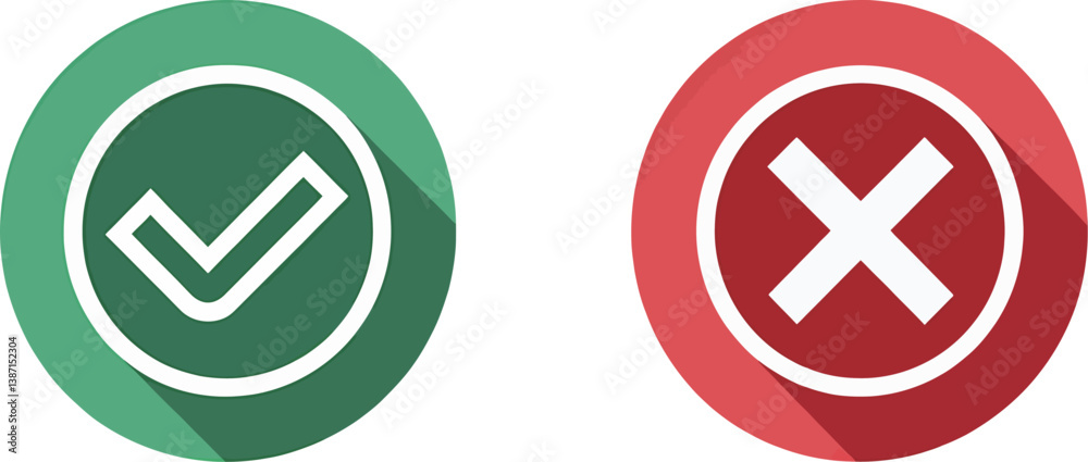 Simple green check and red cross icons on a clean background. Simple green check and red cross icons on a clean background.