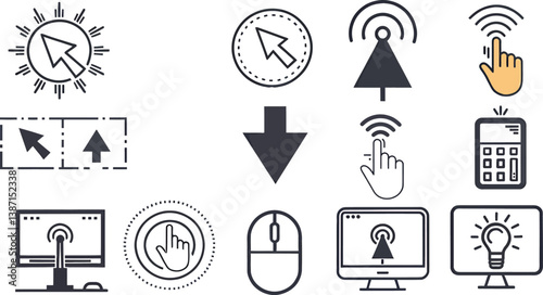 A diverse collection of click-related icons and symbols in a modern design.