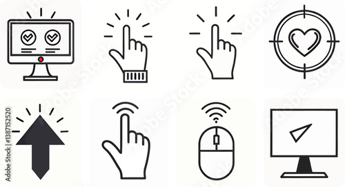 Icon set representing user engagement and interaction with technology.