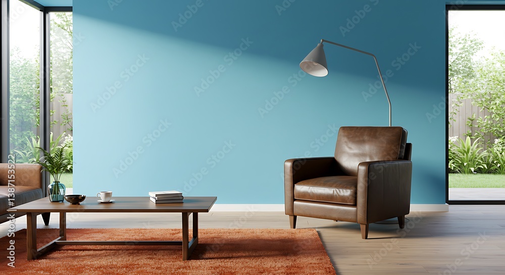 Fototapeta premium Modern Living Room Design: 3D Render of a Serene Space with Teal Walls AI Generated