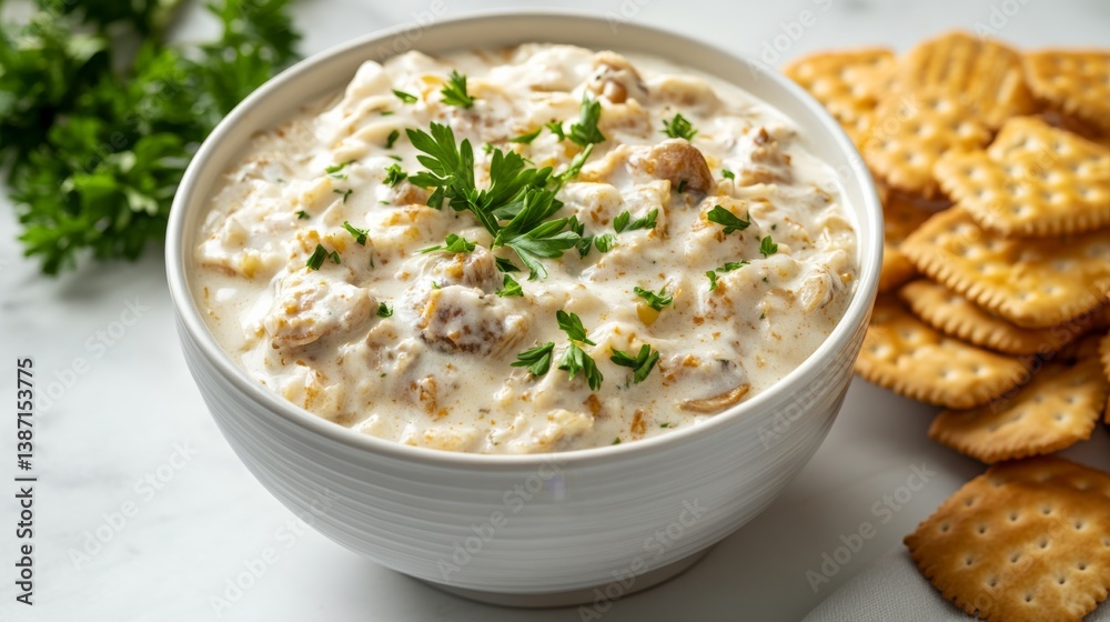 A bowl of creamy clam chowder with crackers on the side. Featuring warmth and richness A bowl of creamy clam chowder with crackers on the side. Featuring warmth and richness