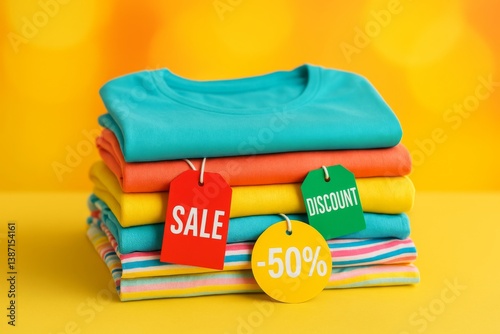Brightly Colored Clothes Stacked With Sale Tags Displayed in a Retail Setting...