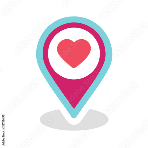 Location pin with heart icon in flat colorful style