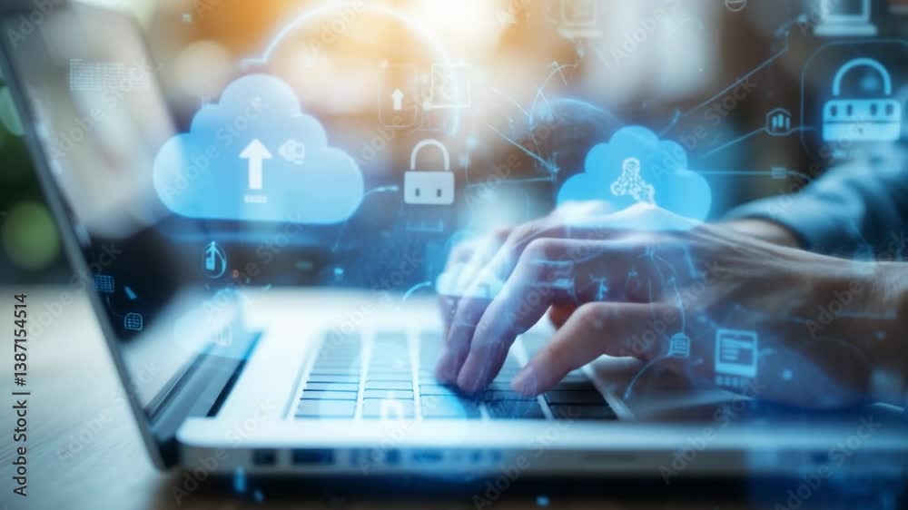 Cloud Computing and Cyber Protection: Hands working on a laptop with digital clouds and a lock icon, symbolizing data storage, security, and the future of information technology. Cloud Computing and Cyber Protection: Hands working on a laptop with digital clouds and a lock icon, symbolizing data storage, security, and the future of information technology.