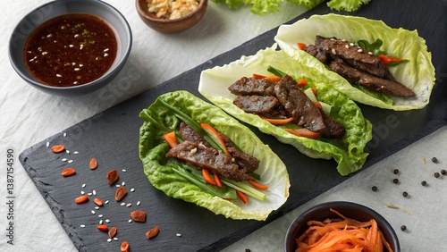 Enjoying beef bulgogi wrapped in fresh lettuce with colorful vegetables and dipping sauce for a flavorful meal experience