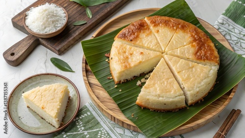 Delicious bibingka served in a traditional setting with a slice missing, showcasing its sumptuous texture and rich flavors