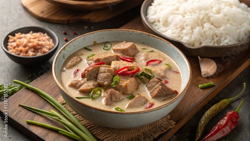 Delightful bicol express served in a deep bowl with aromatic rice on the side for an authentic Filipino culinary experience