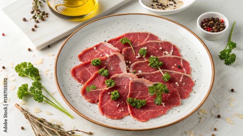 Overhead view of a beautifully arranged beef carpaccio garnished with fresh herbs, peppercorns, and olive oil Overhead view of a beautifully arranged beef carpaccio garnished with fresh herbs, peppercorns, and olive oil
