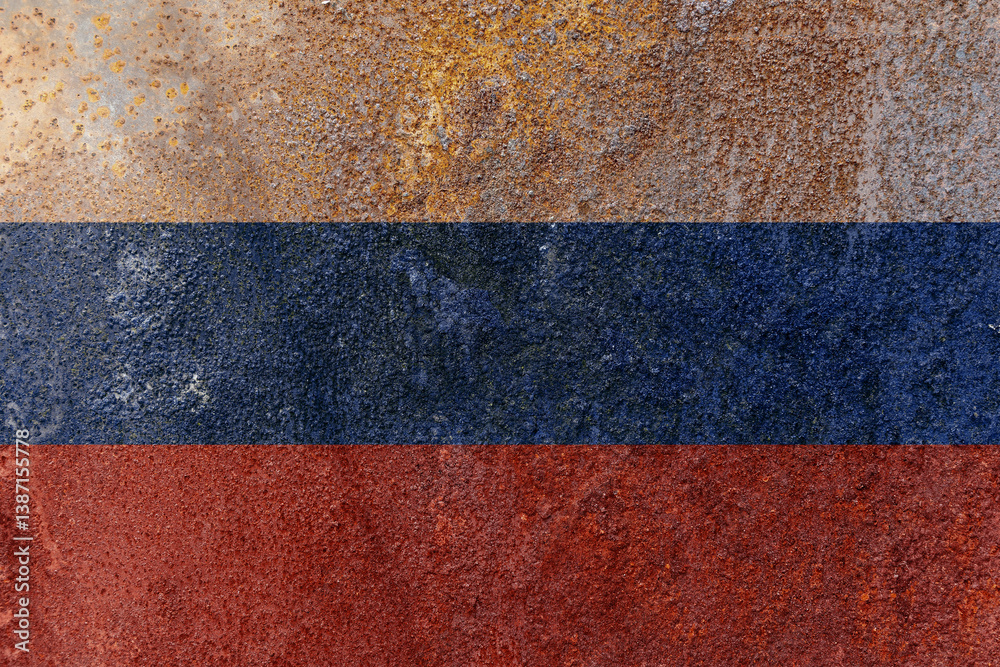 Russia Flag. Dirty Russia flag on rusty metal surface. Russia Flag. Dirty Russia flag on rusty metal surface.