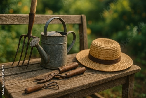 Gardening Tools and Accessories Arranged on a Wooden Bench in a Lush Garden S...