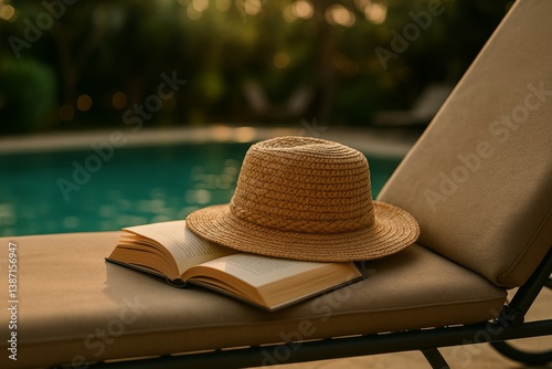 Relaxing Afternoon by the Poolside With a Book and a Straw Hat