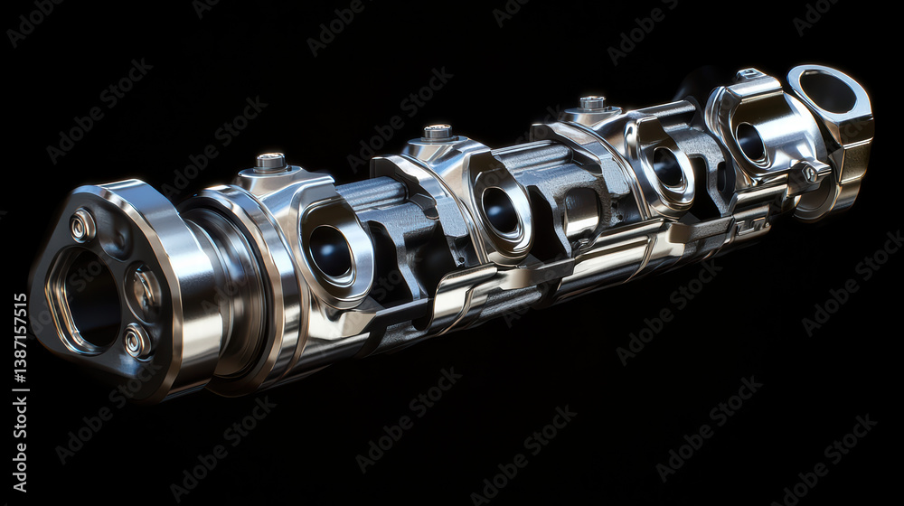 Fototapeta premium Precision Machined Component: This image showcases a close-up of a meticulously crafted chrome-plated metal component.