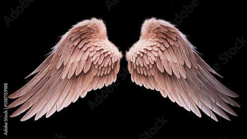 Angel wings with intricate feather details, radiating a serene and ethereal presence.