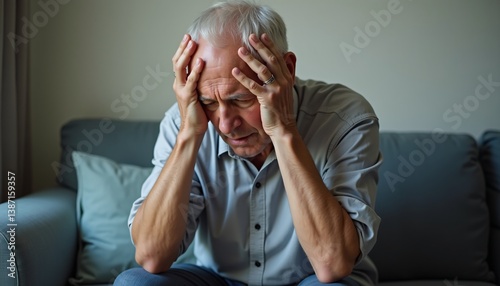 Wallpaper Mural Ultra clear shot of an elderly man sitting down, holding his head in discomfort. Torontodigital.ca