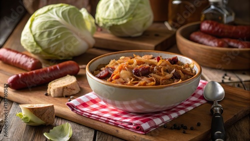 Enjoying a steaming bowl of traditional bigos at a rustic wooden table with fresh ingredients nearby