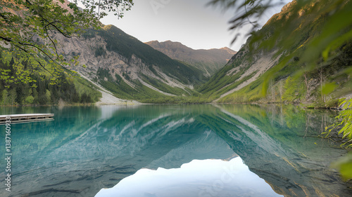 Tranquil mountain lake reflecting nature's calm, a moment of pure serenity and peace.