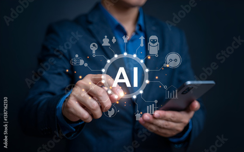 Businessman use artificial intelligence AI technology for enhanced work efficiency data analysis and efficient tools, Unlocking work potential with AI solutions chatbot help solve work problems.