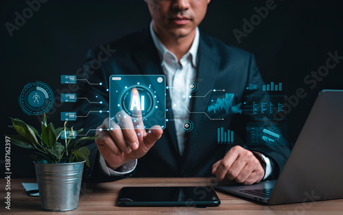 Businessman use artificial intelligence AI technology for enhanced work efficiency data analysis and efficient tools, Unlocking work potential with AI solutions chatbot help solve work problems.