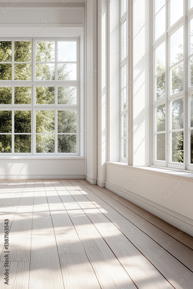 Fototapeta premium Bright and Airy Indoor Space With Large Windows and Wooden Flooring in a Modern Design