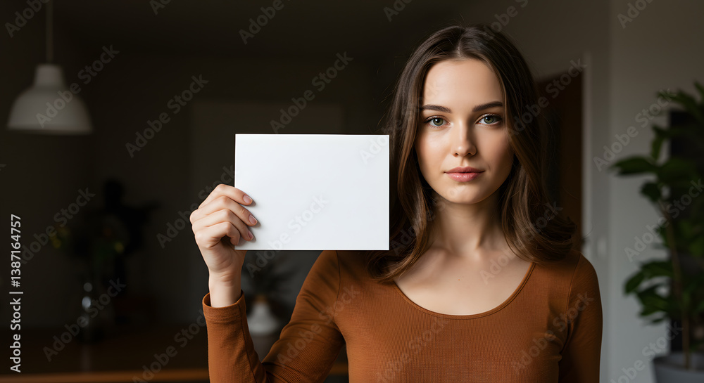 Woman Holding Blank Card, Neutral Background, Interior Lighting, Copy Space. Woman Holding Blank Card, Neutral Background, Interior Lighting, Copy Space.