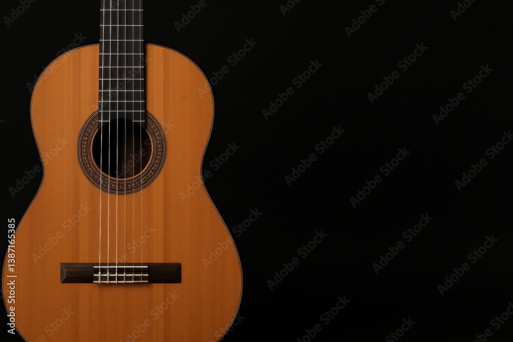 Obraz premium Acoustic Guitar Placed Against a Black Background Highlights Craftsmanship and Design Elements