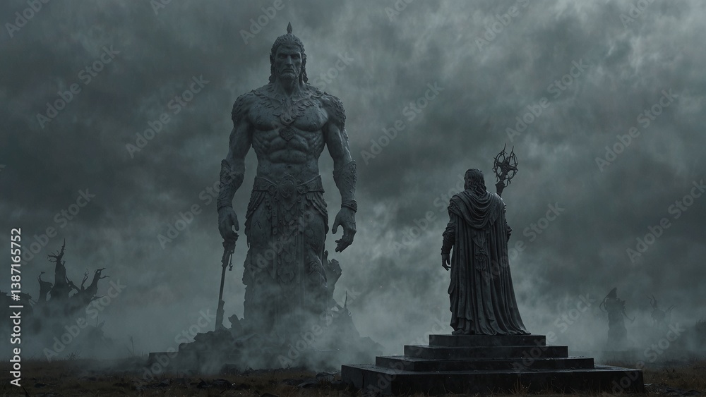 Fototapeta premium A statue of Solkanis, lord of mist, parting shifting fog to reveal illusions of time