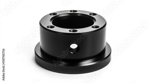 Black anodized aluminum adapter: Precision-machined black anodized aluminum adapter, featuring multiple mounting holes and a central bore. Ideal for various industrial and mechanical applications.