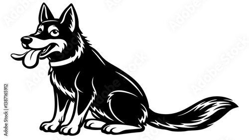 "Cartoon German Shepherd dog with a happy face, standing on all fours, white background."