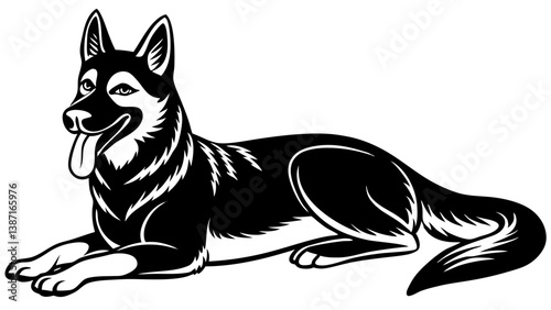 Minimalist cartoon German Shepherd dog lying down with its tongue out, white background."