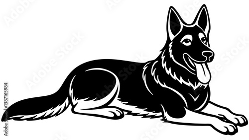 Minimalist cartoon German Shepherd dog lying down with its tongue out, white background."