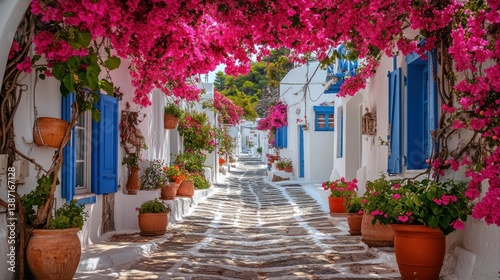 Fototapeta Naklejka Na Ścianę i Meble -  Picturesque alleyway with vibrant bougainvillea, whitewashed buildings, and blue shutters.  Charming, colorful, and idyllic Greek village