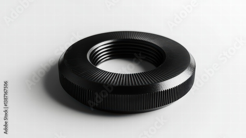 Close-up of a precision-machined black knurled nut, showcasing its intricate details and robust construction.  