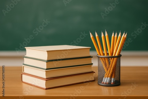Stacked Books and Pencils on a Wooden Table Near a Green Chalkboard in a Clas...