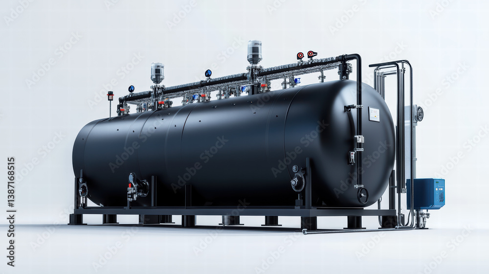 Naklejka premium Industrial Tank with Plumbing: A detailed view showcases a large, industrial tank with complex plumbing. The image evokes a sense of precision, efficiency.