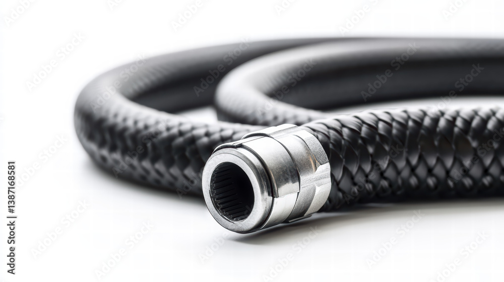 Flexible Hydraulic Hose: This image showcases a detailed close-up of a new, flexible hydraulic hose, illustrating its design and construction with a focus on its robust, industrial nature.