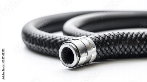 Obraz na płótnie Flexible Hydraulic Hose: This image showcases a detailed close-up of a new, flexible hydraulic hose, illustrating its design and construction with a focus on its robust, industrial nature. w salonie